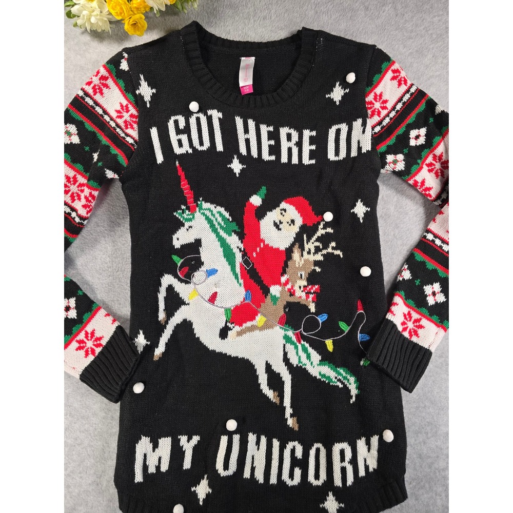 No‎ Boundaries Knit Ugly Christmas Sweater Size Small Santa Unicorn - Picture 2 of 9